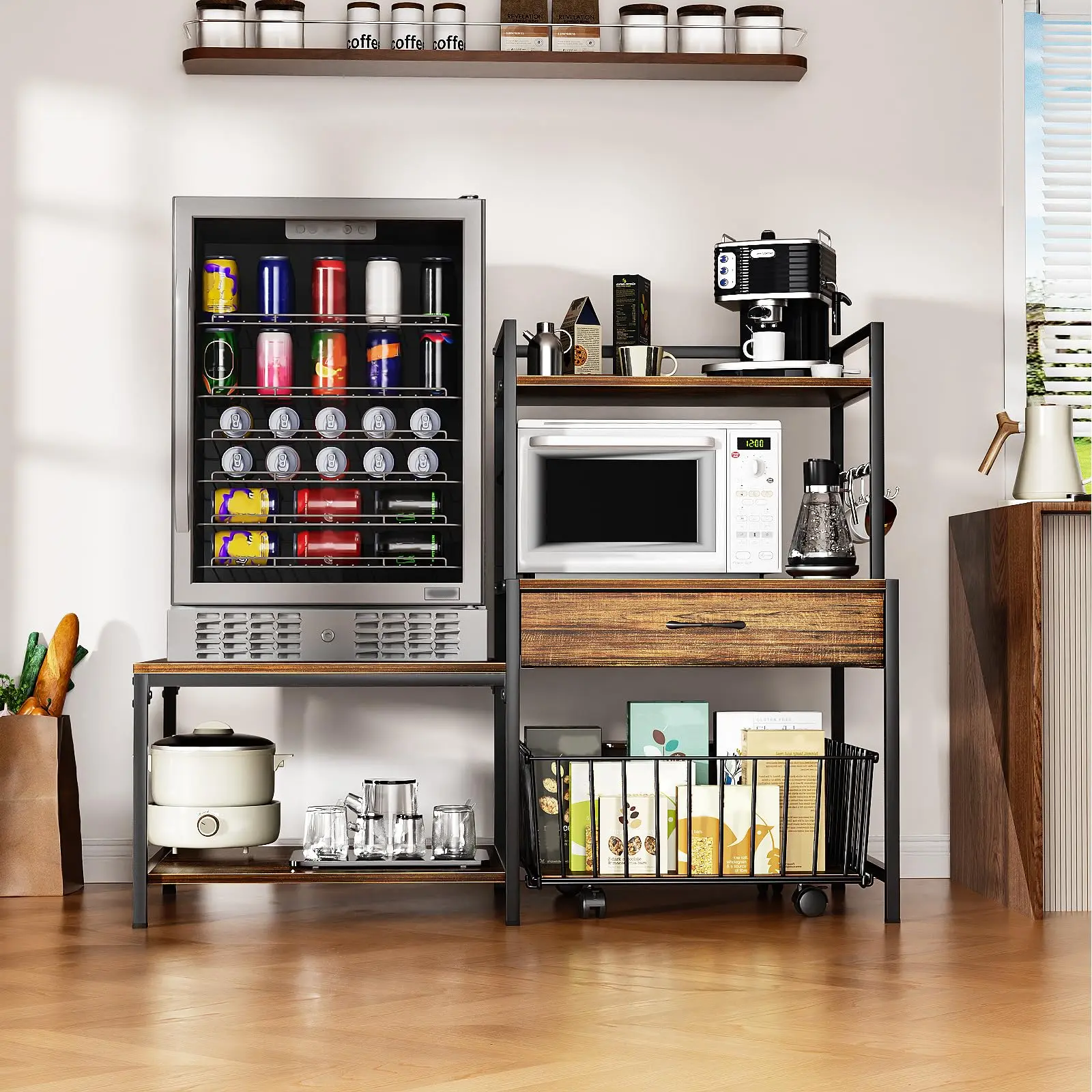 Heavy-Duty Modern Mini Fridge & Microwave Oven Stand Cabinet with Drawer Storage Organizer, Adjustable Shelving, Built-In Power Outlets, Movable Basket, Easy Assembly, High Load-Bearing Multi-Section Wine Cabinet for Dorm, Home Use, Sturdy, Single Unit