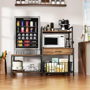 Mini Fridge Stand with Storage, Mini Refrigerator Stand with Power Outlet, Wine Fridge Table with Movable Storage Basket, Heavy Duty Beverage Refrigerator Table for Dorm Home Use