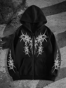 Street Style Dark Element Print Hooded Zipper Sweatshirt, Loose Casual Fit, Fitted, Graphic Pattern, Graphic Print Hoodie, Fall & Winter Fashion, Tops, Long Sleeve