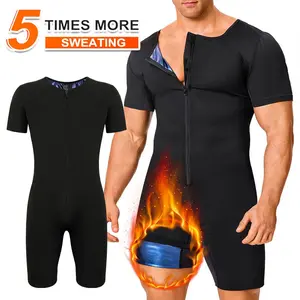 CATTIBOR Menswear Sauna Zip Front Bodysuit Shapewear,High Stretch Men Workout Full Body Shaper Tummy Control Short Sleeve Jumpsuit,Men Sport Shapewear For All Seasons