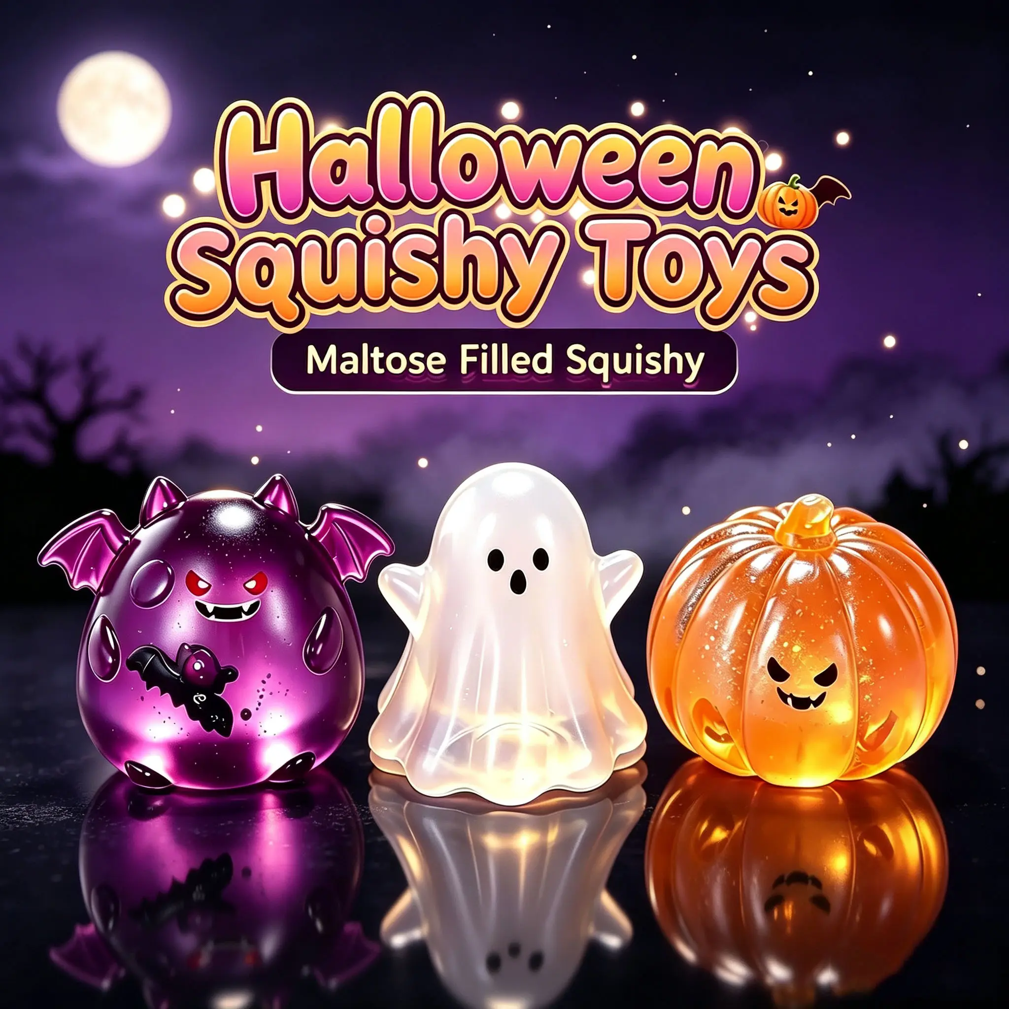 Halloween Glitter Squishy Bundle, Bat Ghost Pumpkin Maltose Filled Sensory Toys, Soft Stretchy Stress Relief Squeeze Balls, Spooky Cute Anxiety Fidget Squishies for Party Favors & Holiday Gifts