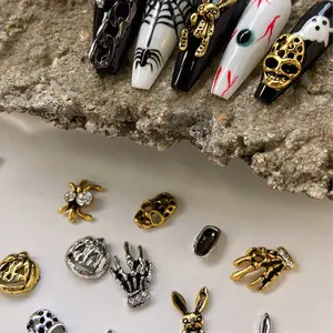 60Pcs Halloween Nail Charms: 3D Alloy Skeleton Hand Spider Web Skull w/ Rhinestones. Spooky Gothic Metal Gems & Bling Decor for Acrylic DIY Nails. Women, Girls, Nail Tech Must Haves, Salon Supplies. Y2K Horror Manicure Kit, Party Costume Jewelry Set