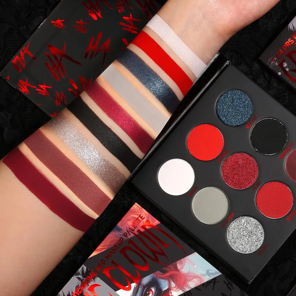 Red Goth Eyeshadow Palette - 9 Colors True Hot Red Black Eye Shadows | Halloween Glitters Makeup | Matte Shimmer High Pigmentation | Clown Vampire SFX Halloween Christmas Palette