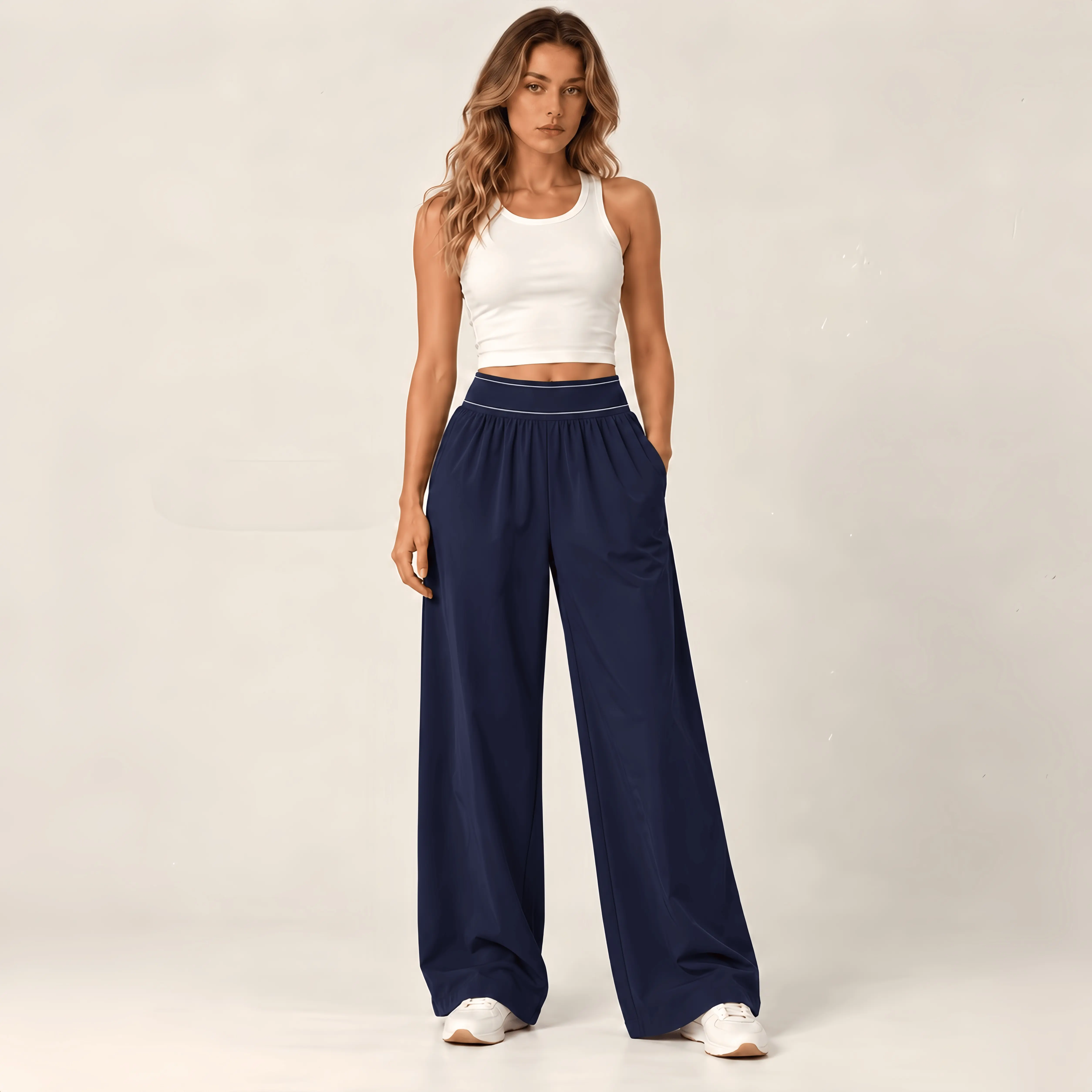 Women's High-Waisted Wide-Leg Yoga Pants (with Pockets) – Loose, Full-Length Casual Pants Suitable for Lounging, Working Out, and Daily Wear Ornaments