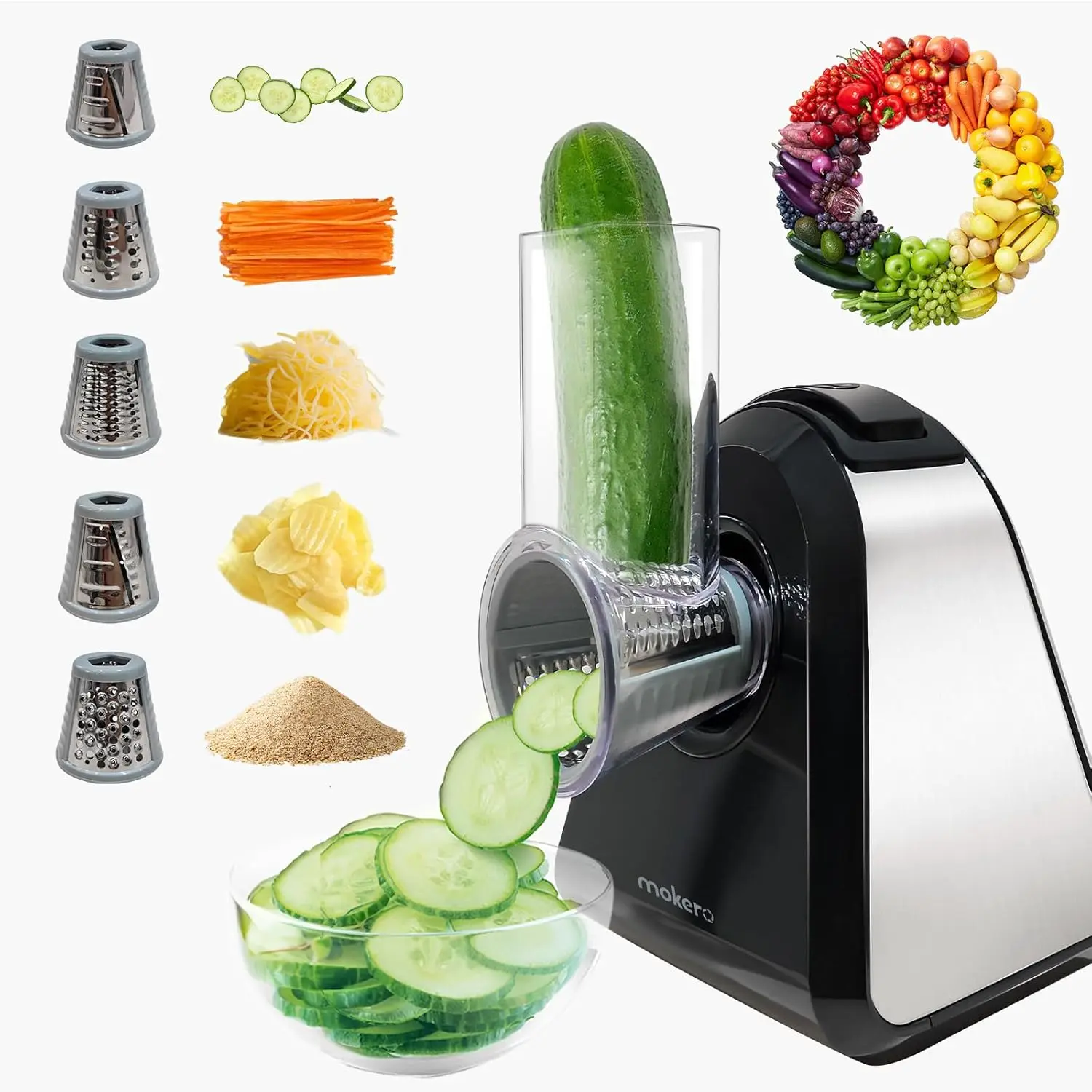 Mokero 5 in 1 Electric Cheese Grater Salad Shooter Maker for Block Cheese Home Kitchen Electric Food Slicer Shredder Chopper Automatic Grater for Vegetables Cucumber Carrots Cabbage Nuts