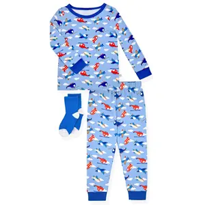 Boys 2-Piece Super Soft Jersey Snug-Fit Pajama Set with Socks - Sky Adventure.