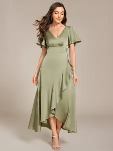 Ever-Pretty Spring Short Sleeve Ruffled V-Neck Satin Midi Bridesmaid Dress - Women's Comfortable Dress for Weddings and Special Occasions 02336