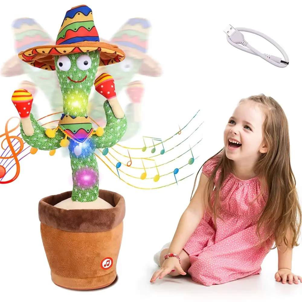 Gentle Plush Talking Dancing Cactus Pet Toy - Voice Repeat, 120 Songs, Glowing, USB Rechargeable, Touch-Activated Feather Toy, Peek Hole, Extra Tail, Dog & Cat Dental Care, Halloween Cute Bird Gift