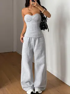 Women Strapless Corset Top Wide Leg Pants Two Piece Set Grey Bustier Boned Lace Up Back Tube Top High Waist Loose Sweatpants Soft Stretch Casual Lounge Streetwear Y2K Outfit Bodycon Shaping Comfortable Daily Wear Crop Top