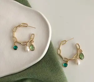 Emerald Green Tassel Gold Hoop Earrings | Retro 90s Style Chunky Statement Earrings
