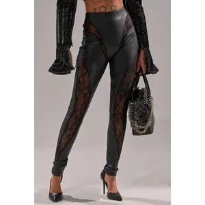 LACE DETAIL PANELED FAUX LEATHER LEGGINGS IN BLACK