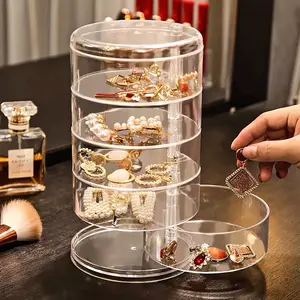🔥5-Layer Transparent Rotating Jewelry Organizer with Dust Cover | All-in-One Tower for Hair Clips, Bracelets, Earrings & Watches – Stylish Vanity Storage Jewelry Storage Armoire