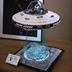 Tuomu Design UFO Ship Model Alien Theme with LED Lighting and Detailed Base for Collectors
