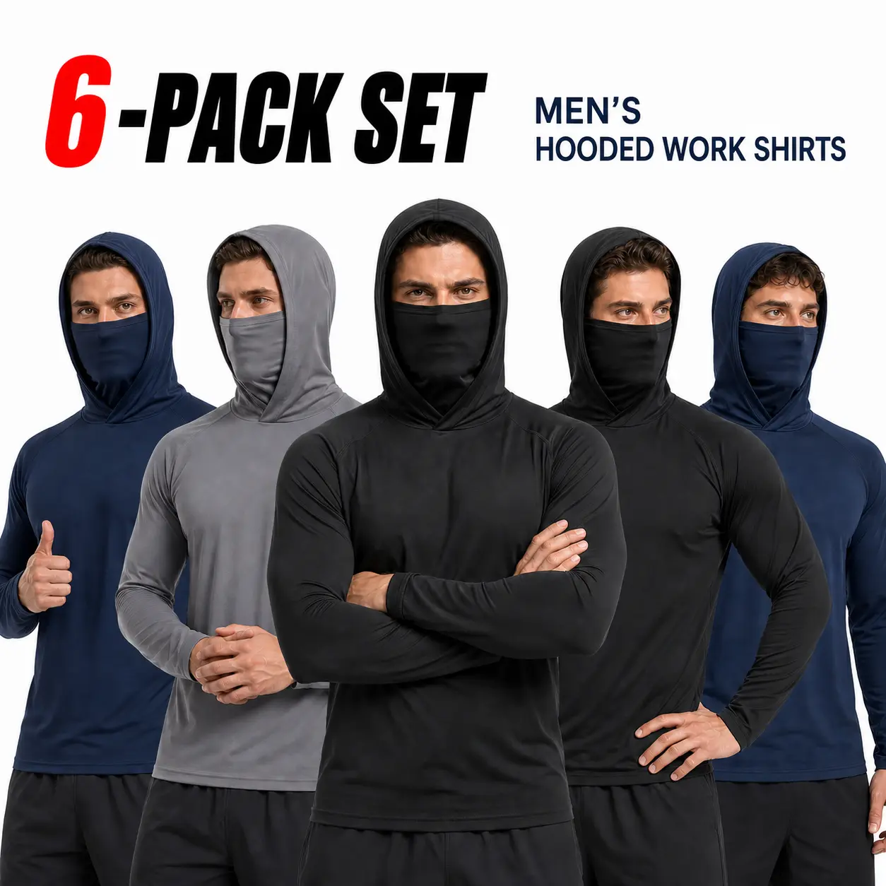 Men’s 6-Pack Sun Protection Hoodie for Men with Built-in Face Cover, Quick-Dry Long Sleeve Work Shirts for Outdoor Work, Construction, Landscaping Workwear Rotation Work Clothes