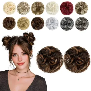 2 PCS Messy Bun Hair Piece Wavy Curly Hair Bun Scrunchies Extensions Synthetic Chignon Thick Updo Hairpieces for Women Girls