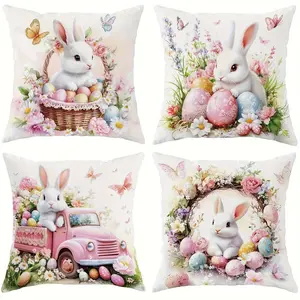 4pcs, Easter Pink Throw Pillow Covers, Rabbit & Colorful Egg Designs, Home Décor, Bedroom Decorative Accessories, Cushion Cover for Couch Sofa, Room Decor and Bedroom Decor, Suitable for Spring Decoration, Single Sided Printing, No Pillow Core