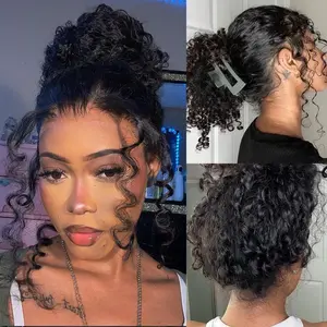 Hidden Strap Kinky curly Invisi-Drawstring Flexible Fit 360 Lace Frontal Glueless Wig Human Hair Pre Plucked Pre Bleached 180% Density Wet and Wavy 360 Full Lace Front Wigs summerwins