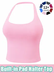 Women's Solid Removable Chest Pad Sports TankTop, Casual Comfort and Durability Halter NeckSports Top for Yoga Gym Workout, Ladies Sportswearfor All Seasons Gym Workout Tops, Gym Exercise Activewear Gym Clothes Workout
