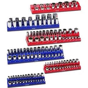 Spring new arrivals Magnetic Socket Organizer Set, 6PCS Socket Holder, 1/4'', 3/8'' & 1/2'' Metric SAE Socket Trays with Clear Labels, Hold up to 143PCS Standard & Deep Sockets, Blue & Red (Sockets Not Included)