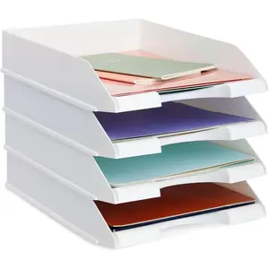 Paper Trays for Classroom - 4 Pack, White, 10 x 13.5 x 2.5 in - Desk Organizer Stacking Trays for Classroom Organization & Office Document Storage