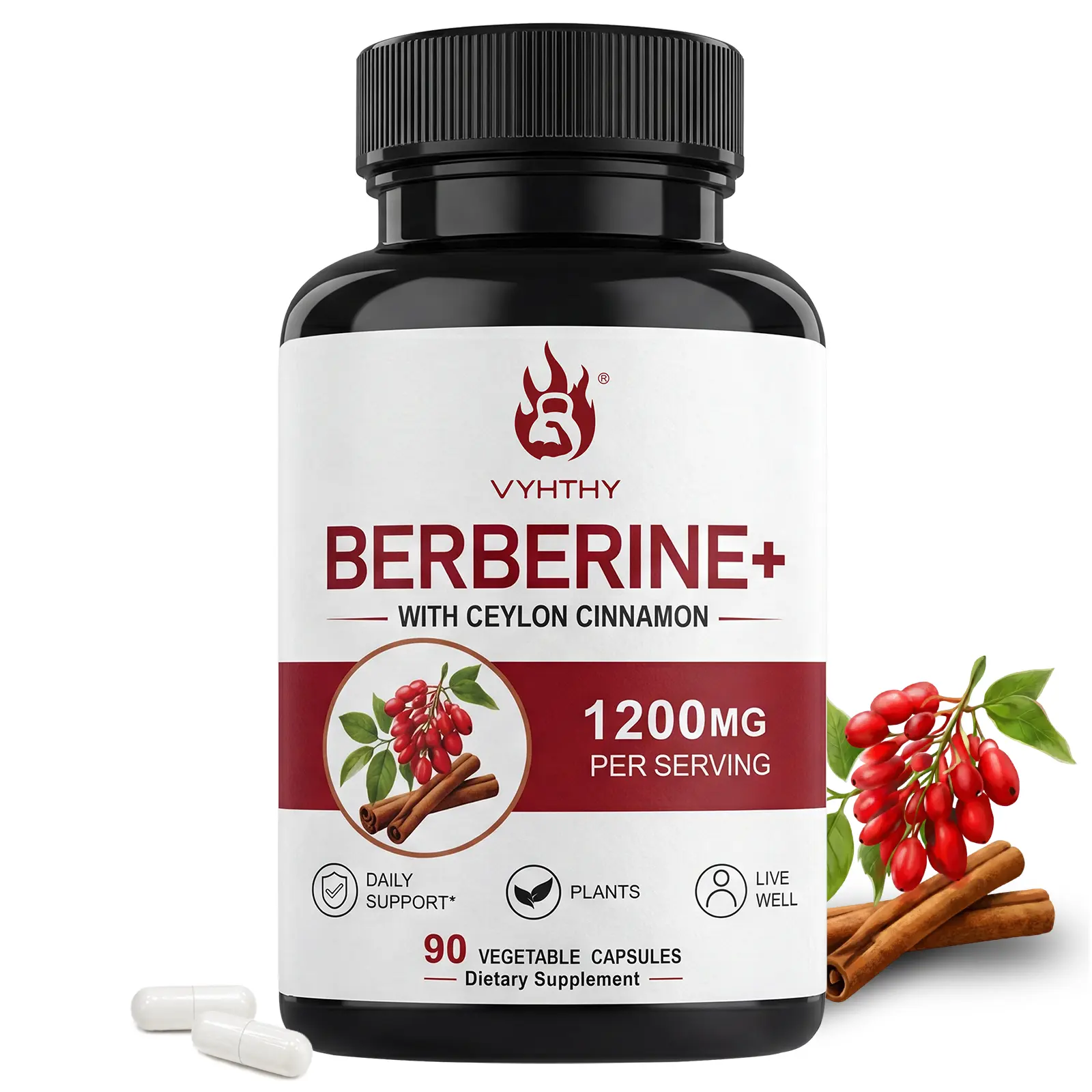 VYHTHY Natural Dietary Berberine HCl 1200mg with Ceylon Cinnamon 100mg - Premium Supplement for Gastrointestinal Health, Proper Microbial Balance - 90 Veggie Capsules (45-Day Supply)