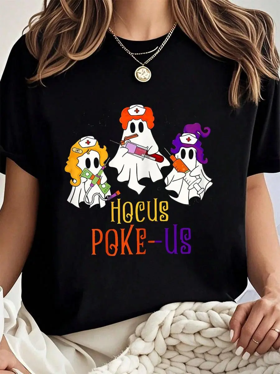 Women's 100% Cotton Short-Sleeve Graphic T-Shirt - Breathable, Loose-Fitting, Custom-Made Medical Top for Phlebotomists, Spooky Halloween Wear, Round Neck, Digital Print, Machine Washable, Everyday Style Vibe Tee