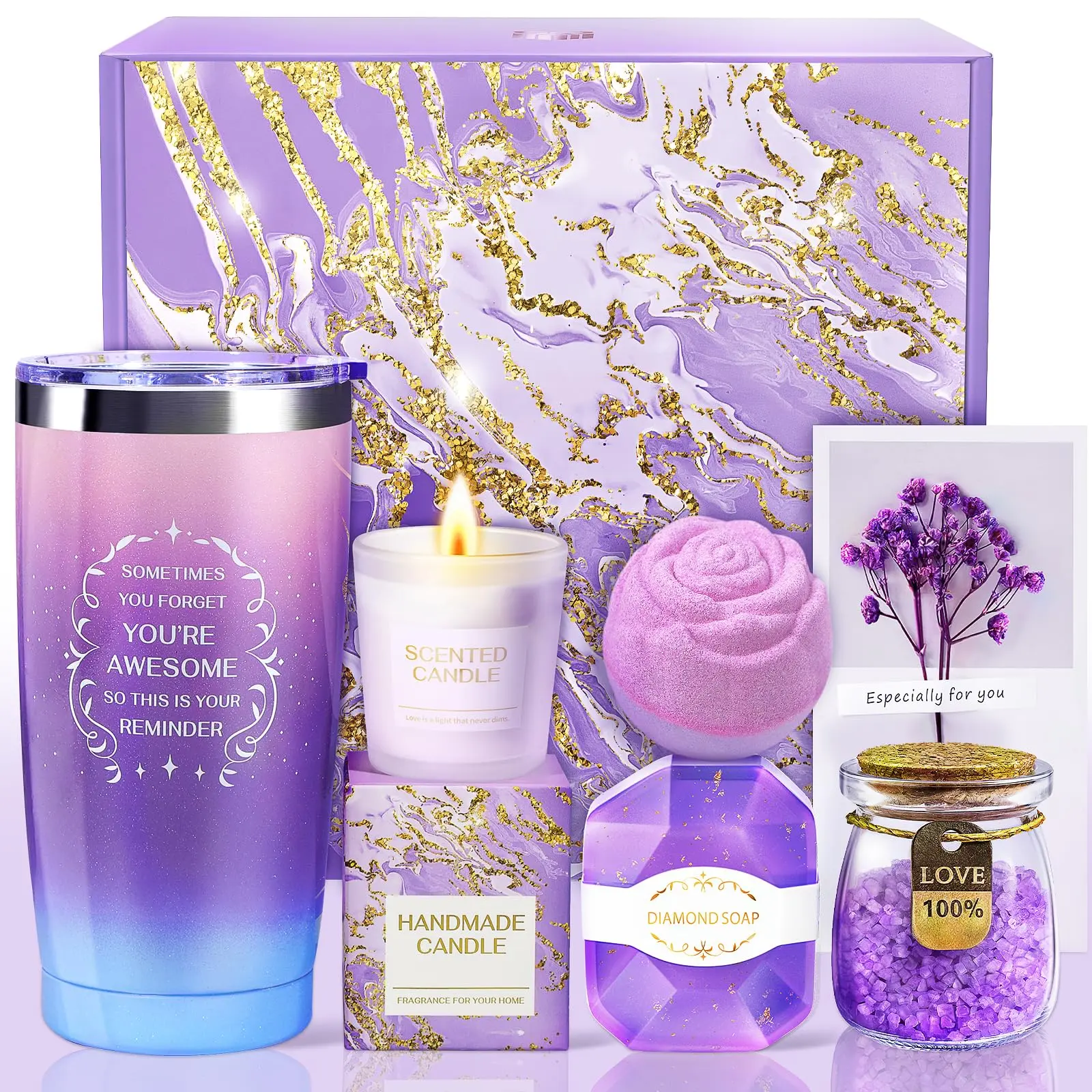 Birthday Gifts For Women  Thank You Mom Wife Girlfriend Sister Gift Set Idea Her Christmas - Purple Basket With 20 Oz Novelty Drinking Glasses