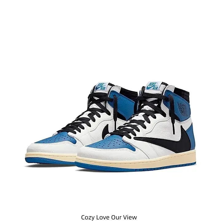 White Blue Two-Tone Leather High Top Jordan Casual Sneakers Black Inverted Swoosh Logo Vintage Beige Rubber Outsole Daily Walking Trainers for Men Women Street Fashion