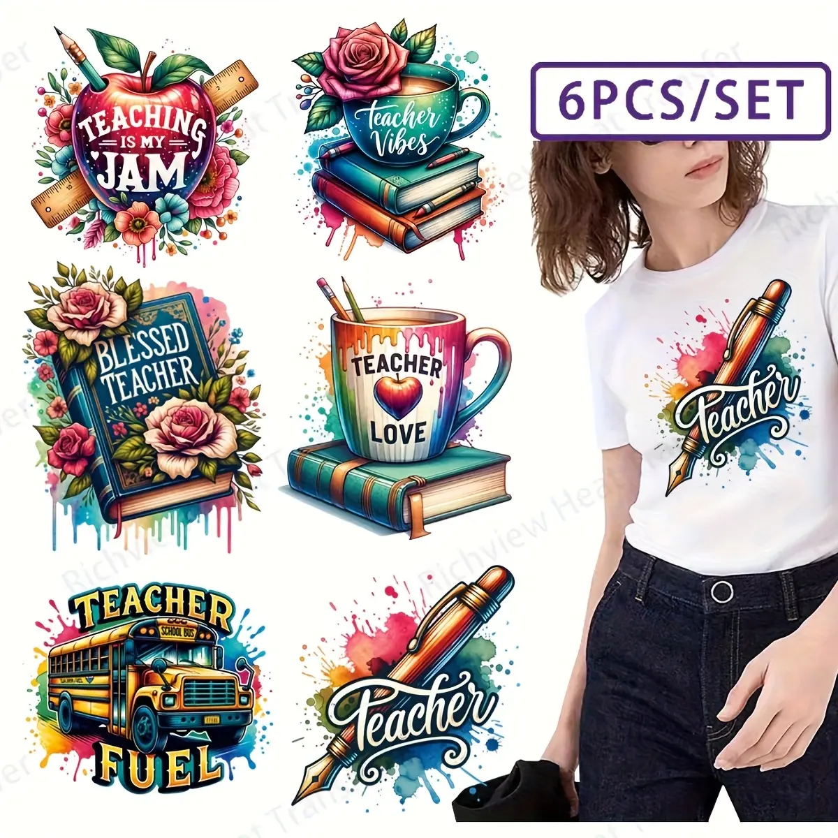 6pcs/set Vibrant Teacher'S Day Thermal Heat Transfer Stickers - DIY Washable Iron-On Patches with Realistic Printing Effects, Perfect for T-Shirts & Fabric Decor, Colorful Designs for Educators, Crafts, Fabric Decoration | Imaginative Designs