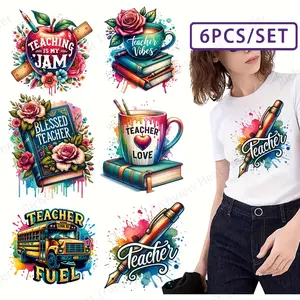 6pcs/set Vibrant Teacher'S Day Thermal Heat Transfer Stickers - DIY Washable Iron-On Patches with Realistic Printing Effects, Perfect for T-Shirts & Fabric Decor, Colorful Designs for Educators, Crafts, Fabric Decoration | Imaginative Designs
