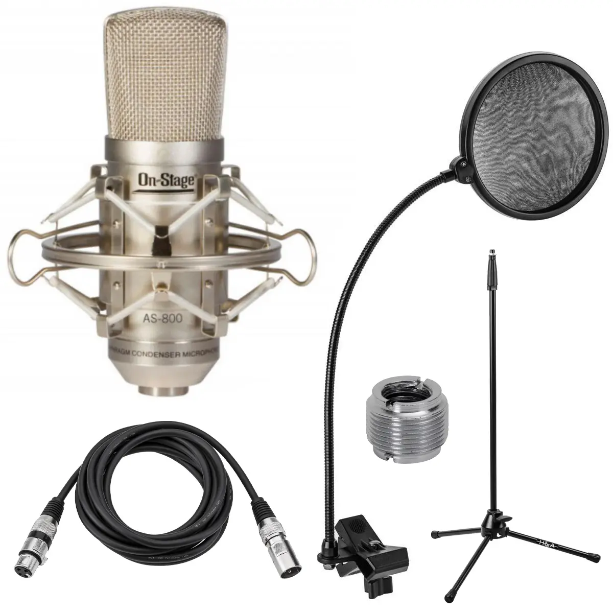 On-Stage AS800 Large-Diaphragm FET Condenser Microphone - Bundle With H&A Reflection Filter Tripod Mic Stand, H&A Broadcast Arm with Internal Springs and XLR Cable, H&A Pop Filter with Gooseneck