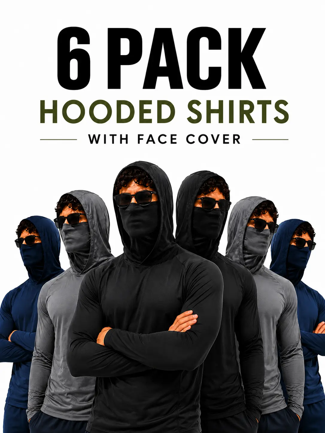 Men's 6-Pack Sun Protection Hoodies - Long Sleeve Performance Shirts with Built-in Face Mask, Premium Cooling Elastane Fabric, Quick-Dry for Outdoor Work & Fishing, Premium Cooling Fabric