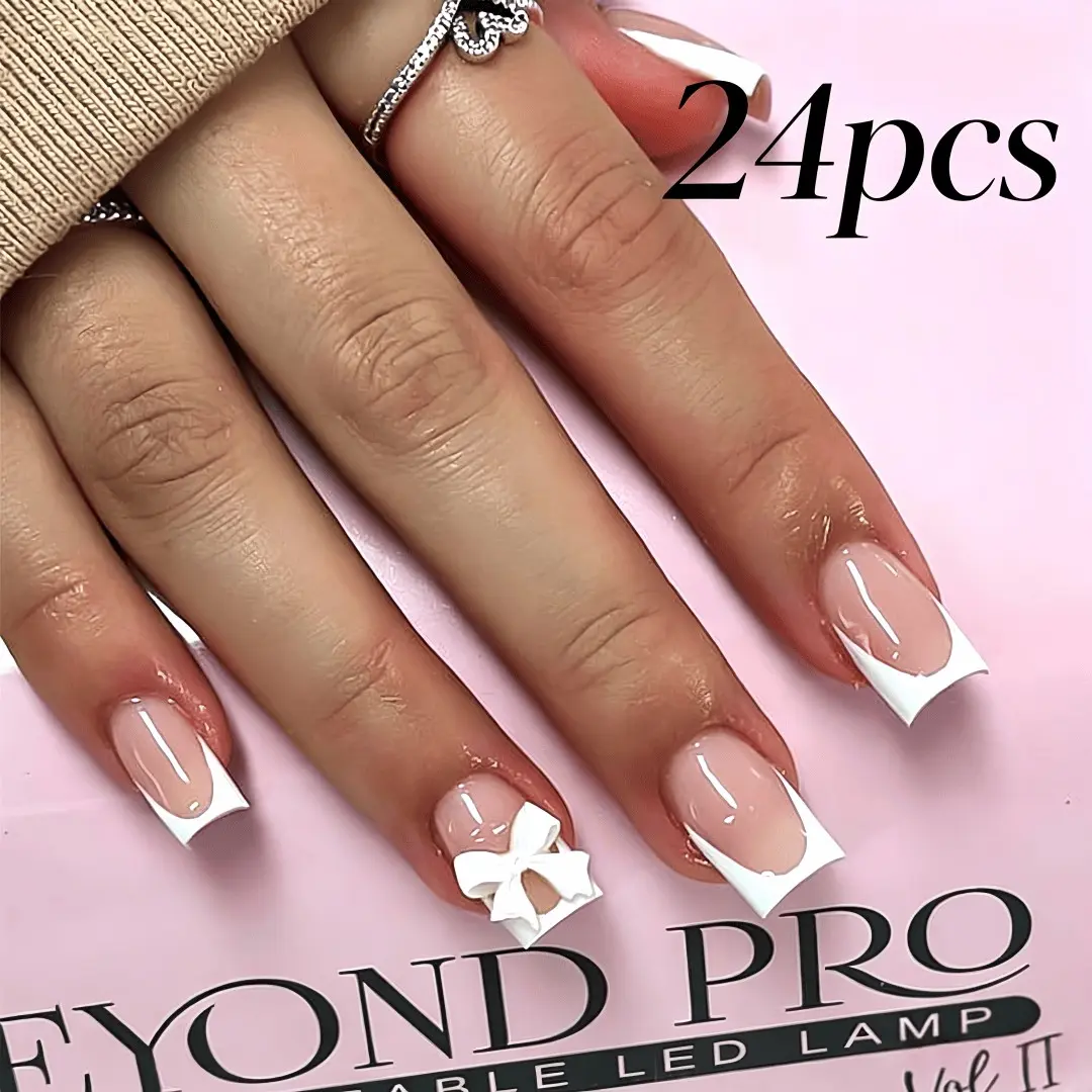 24-Piece French Press Nail Set, Tips & Bow Design, Glossy Finish, Includes Gel & Buffer, Reusable for Parties, Weddings, Holidays, Gel Nails Tips, DIY Nails Art