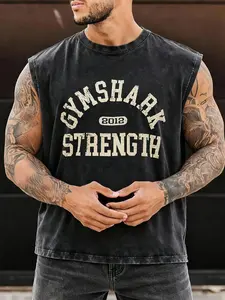 1pc Men's Acid Wash Muscle Tank Gymshark Strength Graphic Print Vintage Charcoal Heavyweight Cotton Sleeveless Workout Shirt Retro Bodybuilding Vest