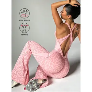 Women’s seamless leopard-print tank jumpsuit with a back cross buckle and high waist, butt-lifting design—ideal for running, outdoor yoga, and workouts; sportswear