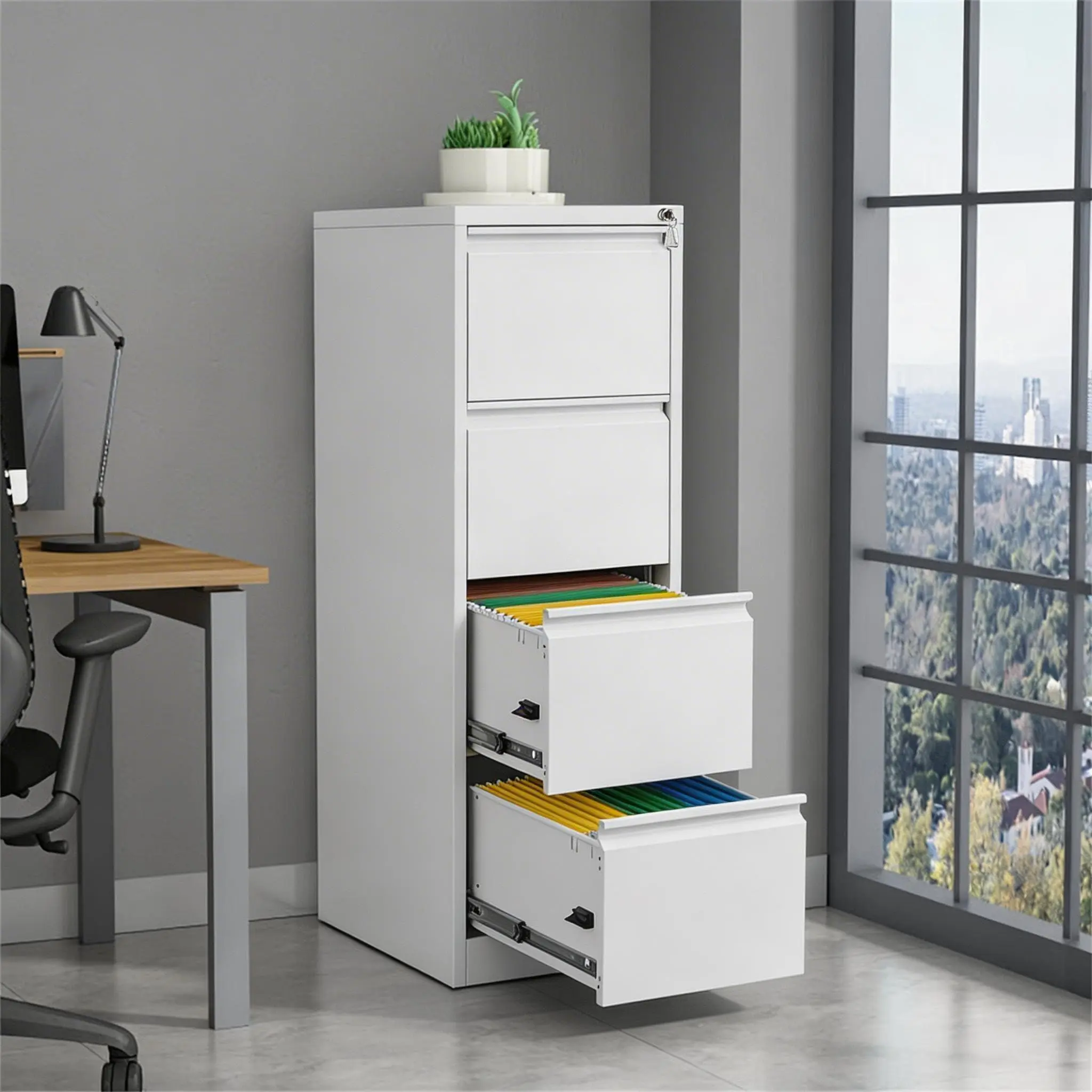 4 Drawer Metal Filing Cabinet with Lock, Heavy Duty Vertical File Cabinet for Home Office, Stores Letter, Legal, A4 & F4 Size Documents White