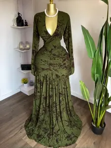 PULKRITU Elegant Fitted Women's Floral Velvet Long Sleeve Dress, V Neck Ruched Mermaid Tail, Fall Winter Wear, Birthday Holiday Long Gown