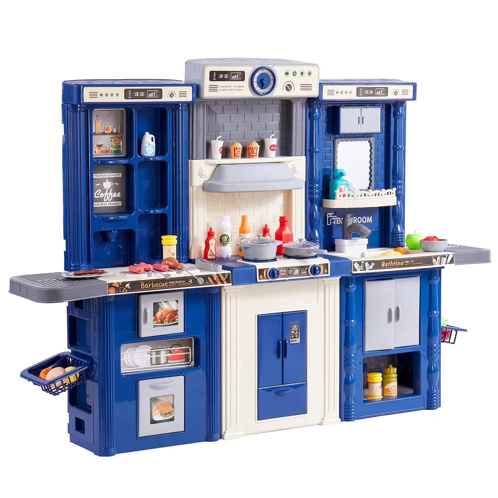 【Summerfinds】VEVOR Kids Kitchen Playset, 3-in-1 Toddler Kitchen with Simulated Spray, Sounds and Lights, Play Kitchen Set with 74 PCS Cooking Accessory Set for Toddlers, Preschoolers, Children Ages 3-8, Blue