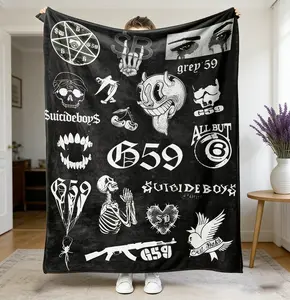 Suicideboys G59 Records Collage Fleece Blanket, Hip Hop Rap Themed Ultra Soft Cozy Warm Decorative Throw, Graphic Character & Character Art Blankets, Statement Piece for Living Room Bedroom Decor, Fan Gift for Men Boys