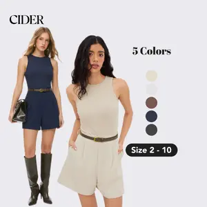 Cider Women's Lady Overalls Clothes, Cider Round Neckline Pocket Romper With Belt, Casual Black Rompers for Women SwimWeek