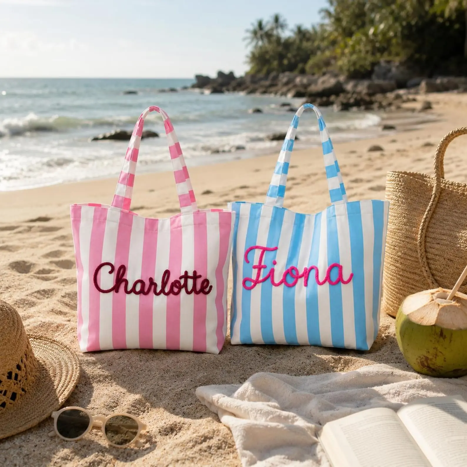 Personalized Beach Tote Bag, Custom Canvas Vacation Bag, Bridesmaid Bachelorette Gifts, Large Striped Summer Tote, Travel Gift for Her