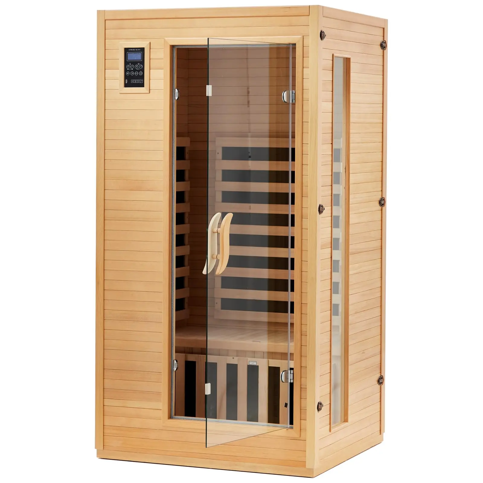 Garvee 1-2 Person Low EMF Infrared Wooden Dry Sauna, 6 Heating Plates, Physical Therapy, Dual Controller, Iron Shirt Wall Panel, MP3 Aux Connect, Water Cup Holder, Towel Rack, Reading Lamp, Home Spa Winter Use