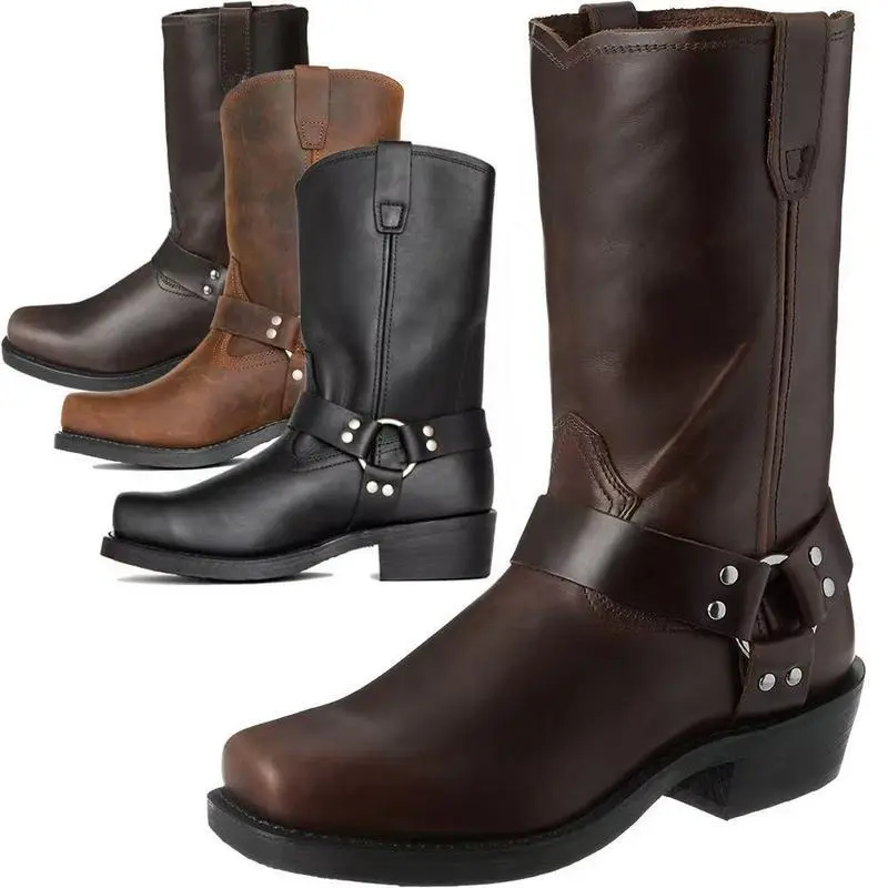 Men'S Calf Boots Square Toe Tube Surface Sewing Metal Ring Elements Thick Heel Western Cowboy Style Outdoor Wear Mid-Calf Boots Men'S Boots Suitable for All Seasons Walking Shoes Footwear Closed Comfort Bota Women Decor OrthoticGi