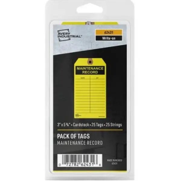 Avery AVE62431 Preprinted Maintenance Record Hang Tags, 5.75"x3" Cardstock, Bright Yellow, Bold Color-Coded Labels, Pre-Strung with No.9 Cotton Twine, Preprinted Info for Maintenance Activities, Maximizing Productivity, Minimizing Machine Downtime
