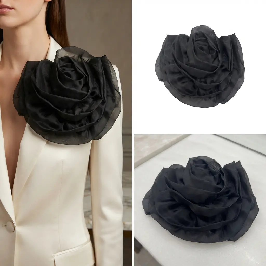 28cm/11.02in Elegant White Organza Large Rose Flower Brooch - Handmade Sewing Appliqué Patch, Unisex Collar/Shoulder Decoration for Women's Clothes, Female Suit Jackets, Wedding Dresses (Festive & Party Supplies)