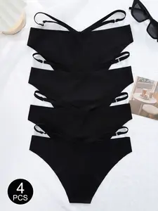 4PCS Women's Casual Bikini Underwear Set, Criss Cross Bikini, Fitted Design, Cross-Band Hollow Out Style, All-Season Comfortable Fit, Moderate Fabric Thickness