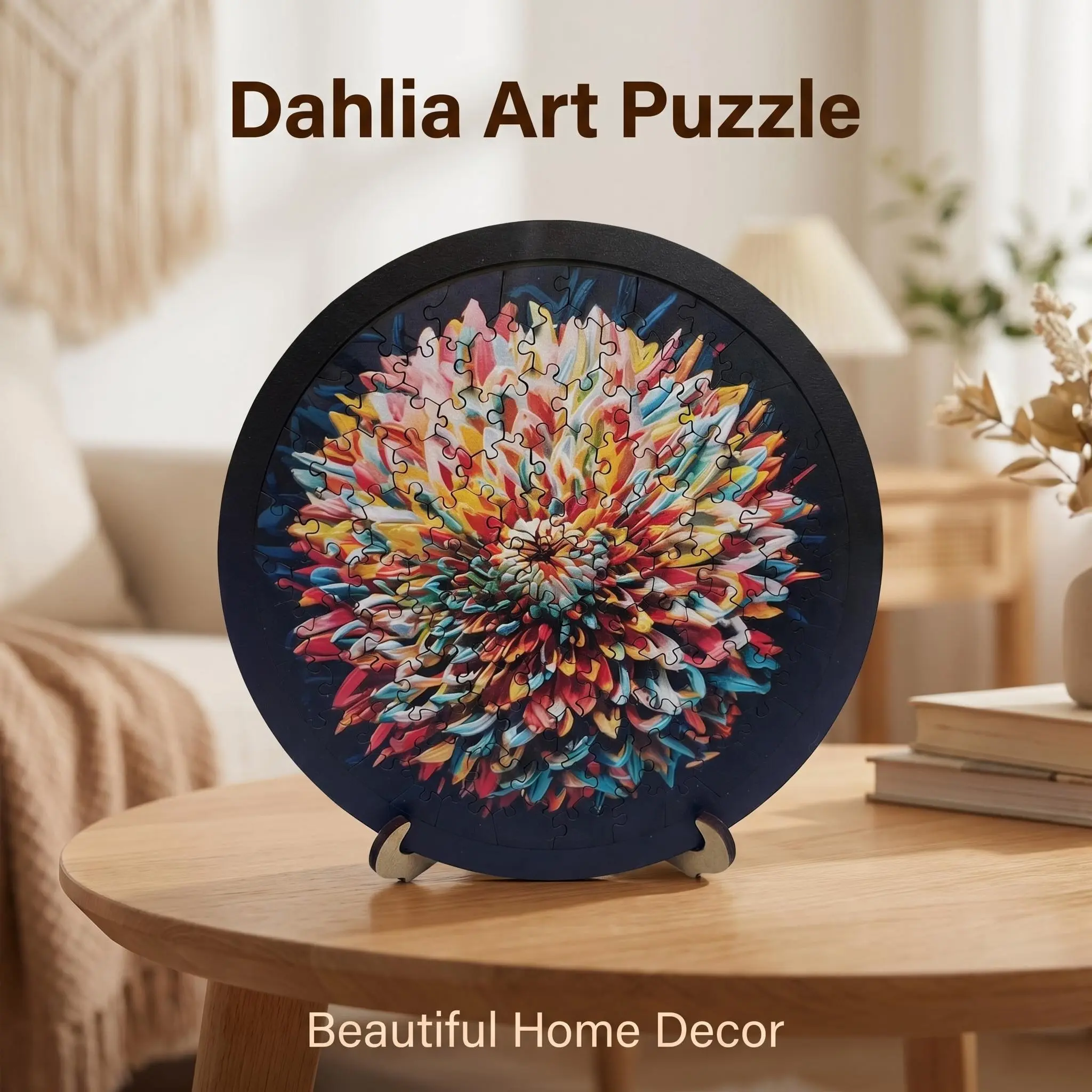 Round Dahlia Floral Wooden Jigsaw Puzzle with Display Stand, Palm Size Vibrant Color Flower Art Wood Puzzle for Adults, Smooth Interlocking Pieces Decorative Tabletop Home Decor, Unique Creative Birthday Holiday Gift for Puzzle Lovers