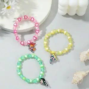 The Powerpuff Girls  ROMWE 3pcs Cartoon Characters Blossom, Bubbles, Buttercup Pattern Heart Beaded Bracelet, Valentines, Mom, Mother,Mother's Day