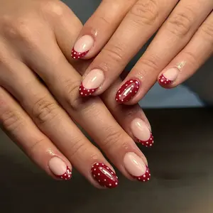 24pcs Strawberry Milk Jelly Oval Nails, Polka Dot French Style Removable Nail Stickers, Reusable No Glue, Perfect for Dating and Picnics, Nail Kit, Removable Nail Art