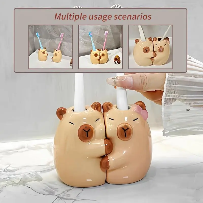 2-Pack Cute Capybara Toothbrush Holder, Ceramic Toothbrush Stand, Caviar Toothbrush Holder, Bathroom Toothbrush Rack, High-Temperature Fired Ceramic, Very Smooth, No-Drill Household Toothbrush Base Storage Stand, Couple's Toothbrush Holder